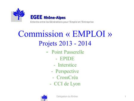 EGEE Rhône-Alpes Entente entre les Générations pour l'Emploi et l'Entreprise Commission « EMPLOI » Projets 2013 - 2014 - Point Passerelle - EPIDE -