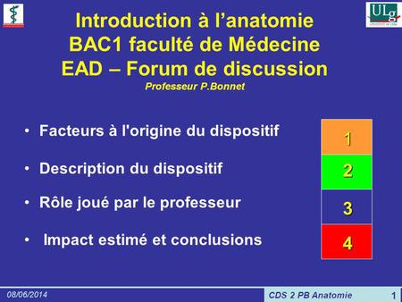 CDS 2 PB Anatomie 08/06/2014 1 Introduction à lanatomie BAC1 faculté de Médecine EAD – Forum de discussion Professeur P.Bonnet Facteurs à l'origine du.