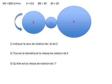 E E i i S S NE = 800 tr/minK = 0,6ØE = 30 Øi = 20 1) Indiquer le sens de rotation de i et de S 2) Trouver le diamètre et la vitesse de rotation de S 3)