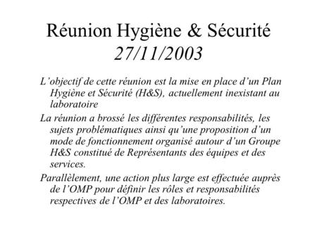 Réunion Hygiène & Sécurité 27/11/2003