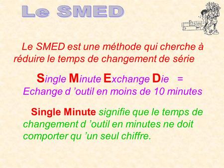 Le SMED est une méthode qui cherche à réduire le temps de changement de série S ingle M inute E xchange D ie = Echange d ’outil en moins de 10 minutes.
