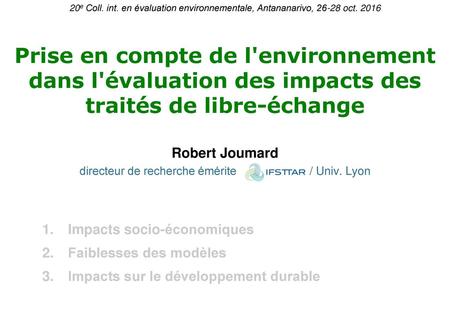 Robert Joumard directeur de recherche émérite Ifsttar / Univ. Lyon