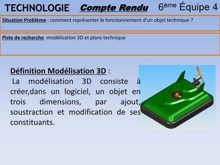 TECHNOLOGIE 6ème Équipe 4 Compte Rendu Définition Modélisation 3D :