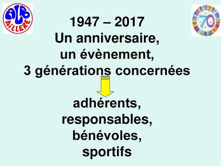 1947 – 2017 Un anniversaire, un évènement, 3 générations concernées adhérents, responsables, bénévoles, sportifs.