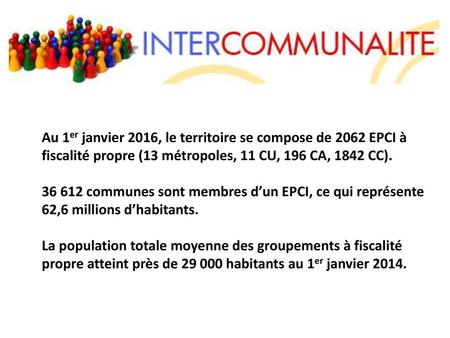 Au 1er janvier 2016, le territoire se compose de 2062 EPCI à fiscalité propre (13 métropoles, 11 CU, 196 CA, 1842 CC). 36 612 communes sont membres d’un.