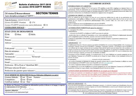 Bulletin d’adhésion ou année 2018 ASPTT ROUEN