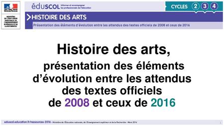 Histoire des arts, présentation des éléments d’évolution entre les attendus des textes officiels de 2008 et ceux de 2016.
