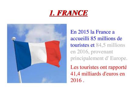 1. FRANCE En 2015 la France a accueilli 85 millions de touristes et 84,5 millions en 2016, provenant principalement d' Europe. Les touristes ont rapporté.