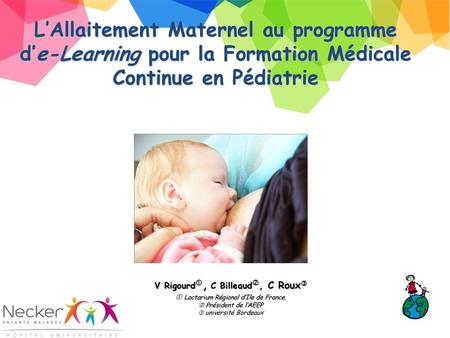   L’Allaitement Maternel au programme d’e-Learning pour la Formation Médicale Continue en Pédiatrie V Rigourd, C Billeaud, C Roux  Lactarium.