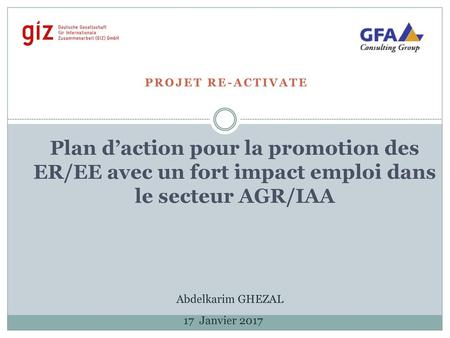 Projet RE-ACTIVATE Plan d’action pour la promotion des ER/EE avec un fort impact emploi dans le secteur AGR/IAA Abdelkarim GHEZAL 17 Janvier 2017.