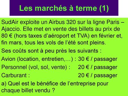 Les marchés à terme (1) SudAir exploite un Airbus 320 sur la ligne Paris – Ajaccio. Elle met en vente des billets au prix de 80 € (hors taxes d’aéroport.