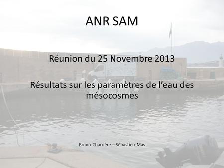 ANR SAM Réunion du 25 Novembre 2013 Résultats sur les paramètres de leau des mésocosmes Bruno Charrière – Sébastien Mas.