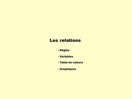 Les relations - Règles - Variables - Table de valeurs - Graphiques.