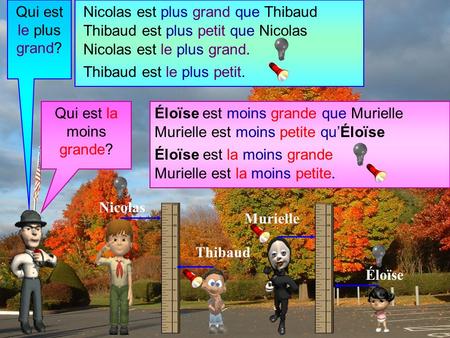 Qui est le plus grand? Thibaud Murielle Nicolas Éloïse Nicolas est plus grand que Thibaud Thibaud est plus petit que Nicolas Nicolas est le plus grand.