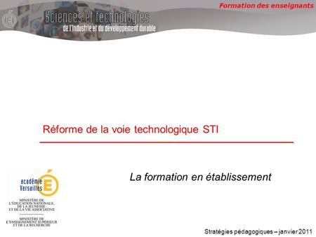 Formation des enseignants Réforme de la voie technologique STI Stratégies pédagogiques – janvier 2011 La formation en établissement.