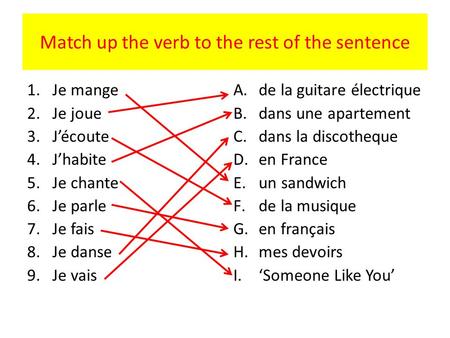 Match up the verb to the rest of the sentence 1.Je mange 2.Je joue 3.Jécoute 4.Jhabite 5.Je chante 6.Je parle 7.Je fais 8.Je danse 9.Je vais A.de la guitare.