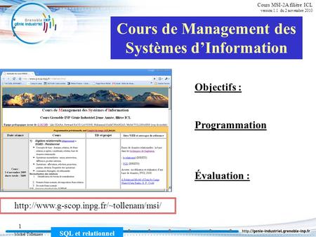 Michel Tollenaere SQL et relationnel 1 Cours MSI-2A filière ICL version 1.1 du 2 novembre 2010 Cours de Management des Systèmes dInformation