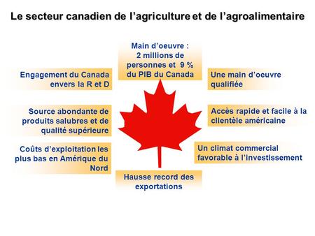 Le secteur canadien de lagriculture et de lagroalimentaire Accès rapide et facile à la clientèle américaine Un climat commercial favorable à linvestissement.