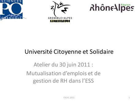 Université Citoyenne et Solidaire Atelier du 30 juin 2011 : Mutualisation demplois et de gestion de RH dans lESS ESEAC 20111.
