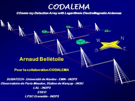 1 30 Juin 2005Arnaud Bellétoile - Semaine SF2A Strasbourg N S E W CODALEMA COsmic ray Detection Array with Logarithmic ElectroMagnetic Antennas Arnaud.