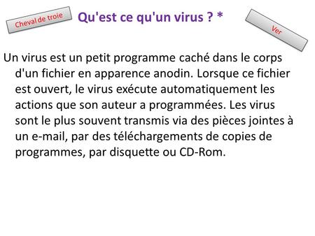 Qu'est ce qu'un virus ? * Un virus est un petit programme caché dans le corps d'un fichier en apparence anodin. Lorsque ce fichier est ouvert, le virus.