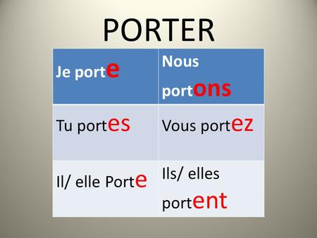 PORTER Je port e Nous port ons Tu port es Vous port ez Il/ elle Port e Ils/ elles port ent.