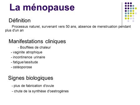 Définition Processus naturel, survenant vers 50 ans, absence de menstruation pendant plus d'un an Manifestations cliniques - Bouffées de chaleur - vaginite.