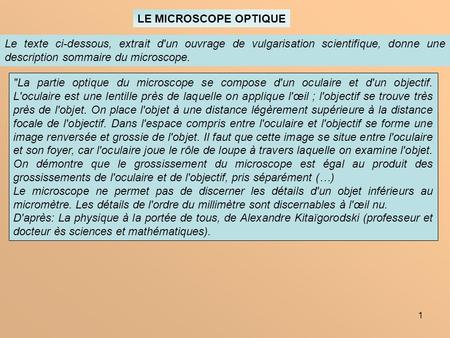 LE MICROSCOPE OPTIQUE Le texte ci-dessous, extrait d'un ouvrage de vulgarisation scientifique, donne une description sommaire du microscope. La partie.