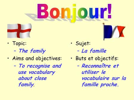 Bonjour! Topic: The family Aims and objectives: