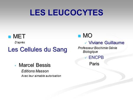 LES LEUCOCYTES Les Cellules du Sang MO MET Marcel Bessis