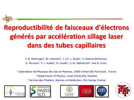 Reproductibilité de faisceaux d'électrons générés par accélération sillage laser dans des tubes capillaires F. G. Desforges 1, M. Hansson 2, J. Ju 1, L.