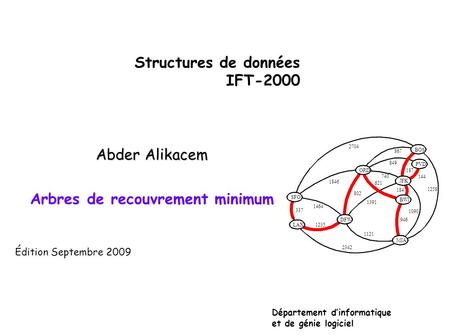 Structures de données IFT-2000 Abder Alikacem Arbres de recouvrement minimum Département dinformatique et de génie logiciel Édition Septembre 2009 JFK.