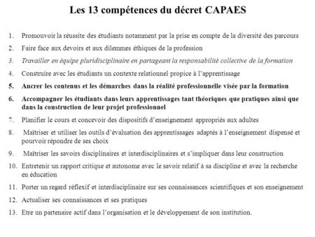 Les 13 compétences du décret CAPAES