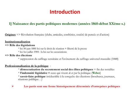 Introduction 1] Naissance des partis politiques modernes (années 1860-début XXème s.) Origines => Révolution française (clubs, amicales, confréries, société.