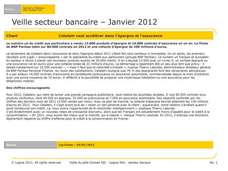 Veille secteur bancaire – Janvier 2012