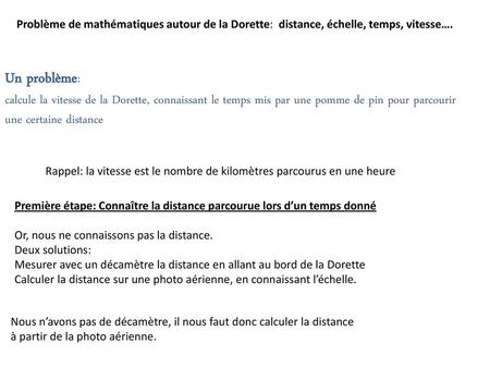 Problème de mathématiques autour de la Dorette: distance, échelle, temps, vitesse…. Un problème: calcule la vitesse de la Dorette, connaissant le temps.