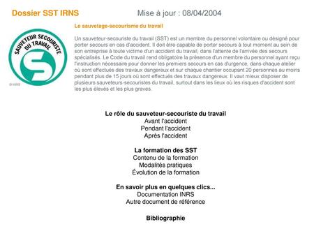 Dossier SST IRNS Mise à jour : 08/04/2004