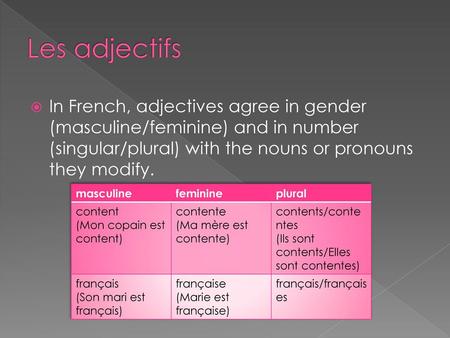 Les adjectifs In French, adjectives agree in gender (masculine/feminine) and in number (singular/plural) with the nouns or pronouns they modify. masculine.