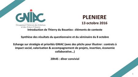 Introduction de Thierry du Bouetiez : éléments de contexte Synthèse des résultats du questionnaire et du séminaire du 8 octobre Echange sur stratégie.