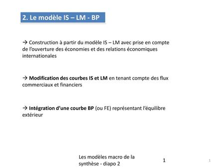 2. Le modèle IS – LM - BP  Construction à partir du modèle IS – LM avec prise en compte de l’ouverture des économies et des relations économiques internationales.