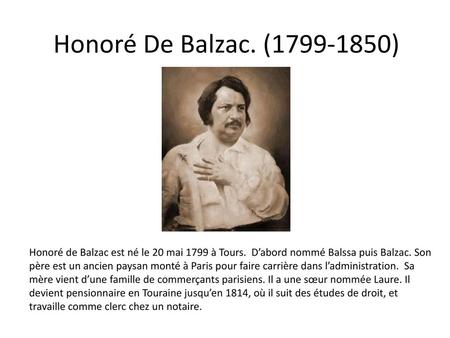 Honoré De Balzac. ( ) Honoré de Balzac est né le 20 mai 1799 à Tours.