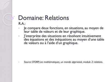 Domaine: Relations R.A.: