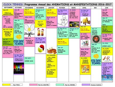 CLOCA TENNIS: Programme Annuel des ANIMATIONS et MANIFESTATIONS