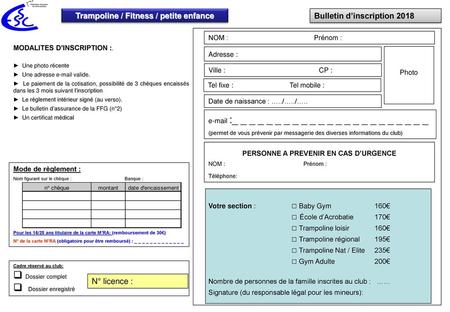 Dossier complet Dossier enregistré □ Gym Adulte 200€ Trampoline / Fitness / petite enfance Bulletin d’inscription 2018 NOM :