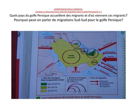 COMPETENCES SOCLE COMMUN : J’analyse un document (une carte des migrations dans le golfe Persique) D 1, 2 Quels pays du golfe Persique accueillent des.