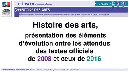 Histoire des arts, présentation des éléments d’évolution entre les attendus des textes officiels de 2008 et ceux de 2016.
