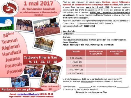 1 mai ème Tournoi Régional Handball Jeunes Francois Provost