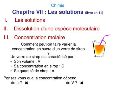 Chimie Chapitre VII : Les solutions (livre ch.11)