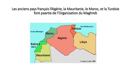 Les anciens pays français l’Algérie, la Mauritanie, le Maroc, et la Tunésie font paartie de l’Organisation du Maghreb.