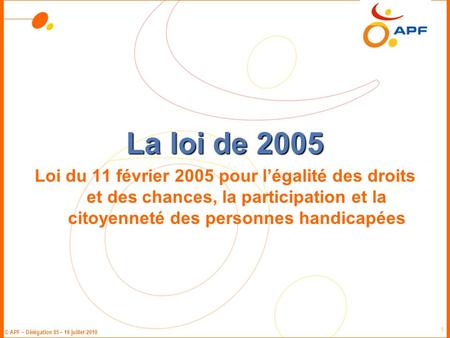 La loi de 2005 Loi du 11 février 2005 pour l’égalité des droits et des chances, la participation et la citoyenneté des personnes handicapées.